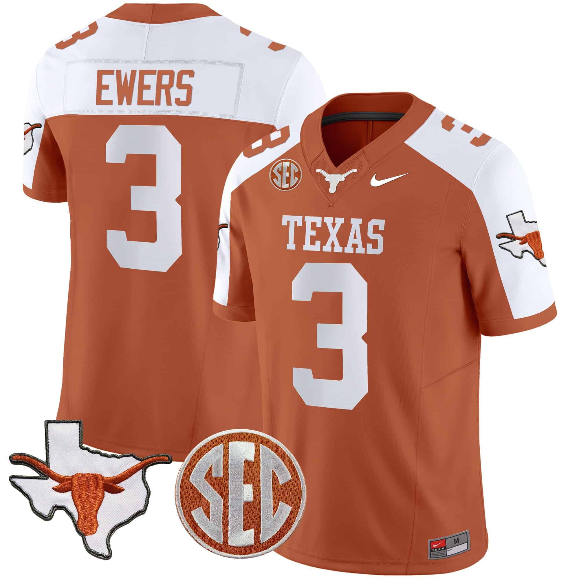 Men Texas Longhorns #3 Ewers Orange 2024 Nike State Map & SEC Patch Vapor NCAA Jersey
